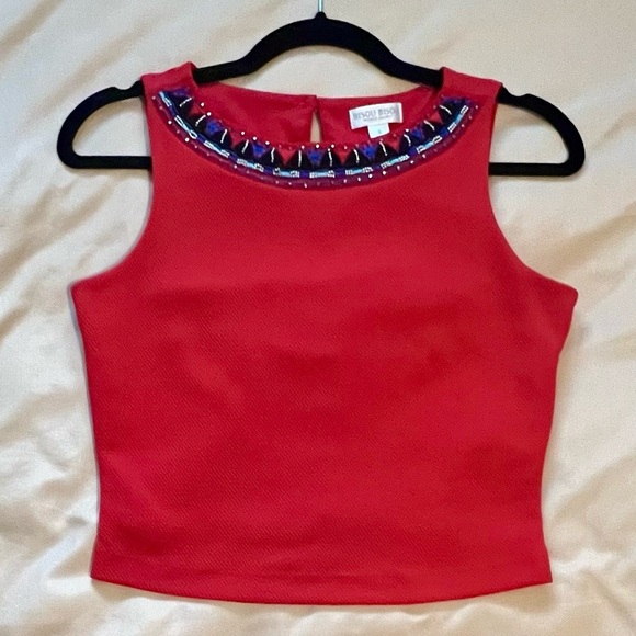 BISOU BISOU Michele Bohbot Bright Red Sleeveless Textured Top with Beading - Picture 1 of 4